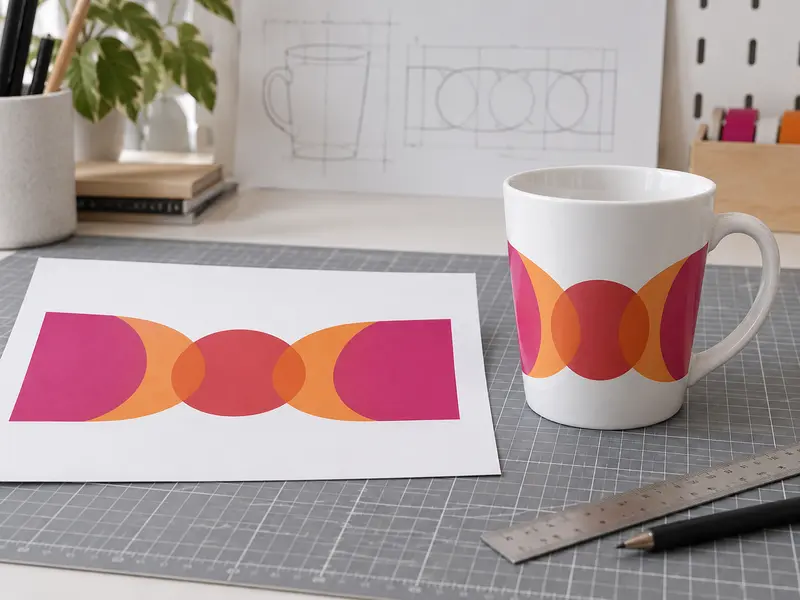 Płaski projekt graficzny i jego ułożenie na zwężanym kubku ceramicznym