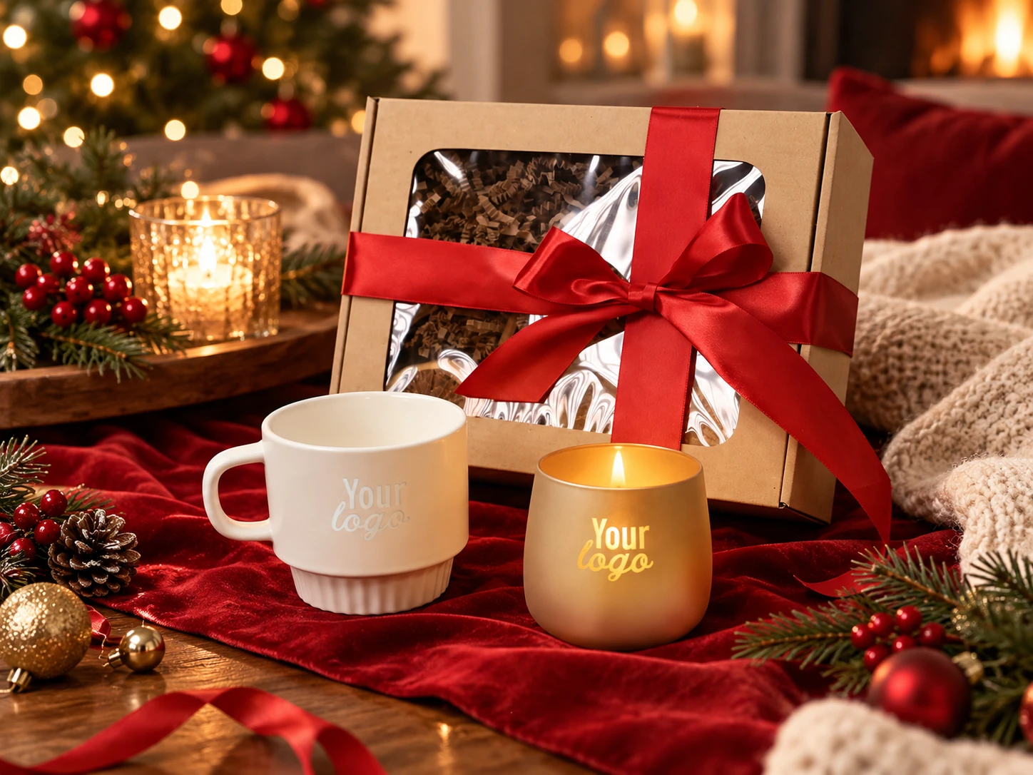 Cozy Teddy off white – kubek, lampion i pudełko z czerwoną wstążką
