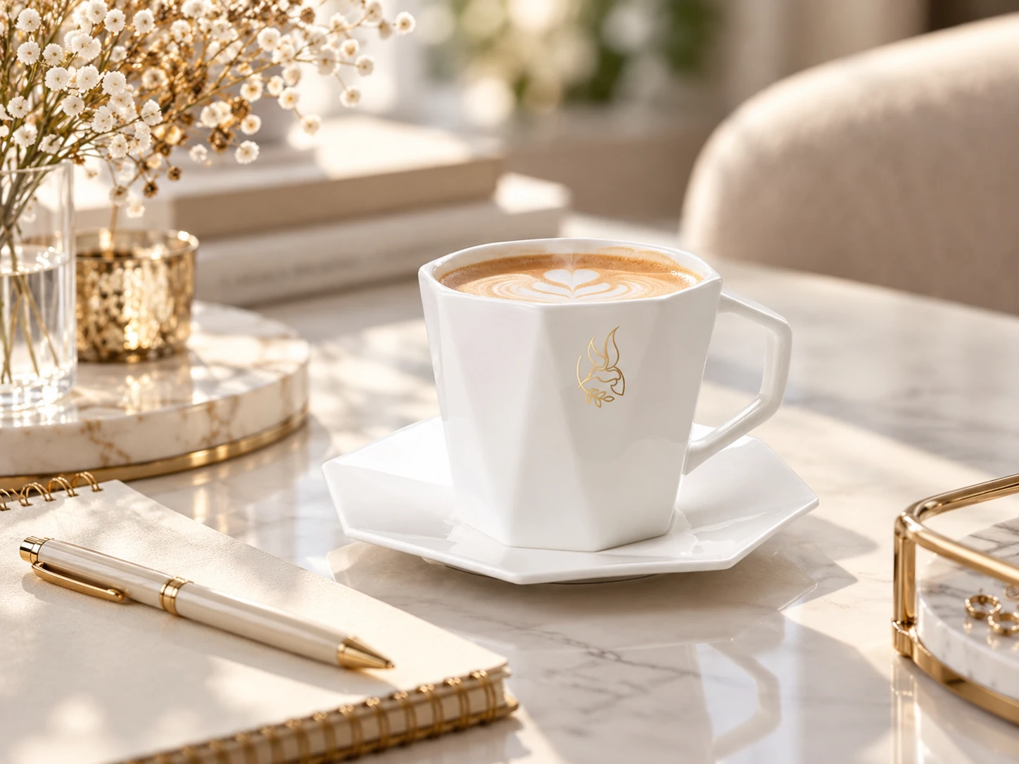 Tiara Set – biała porcelanowa filiżanka z geometrycznym spodkiem