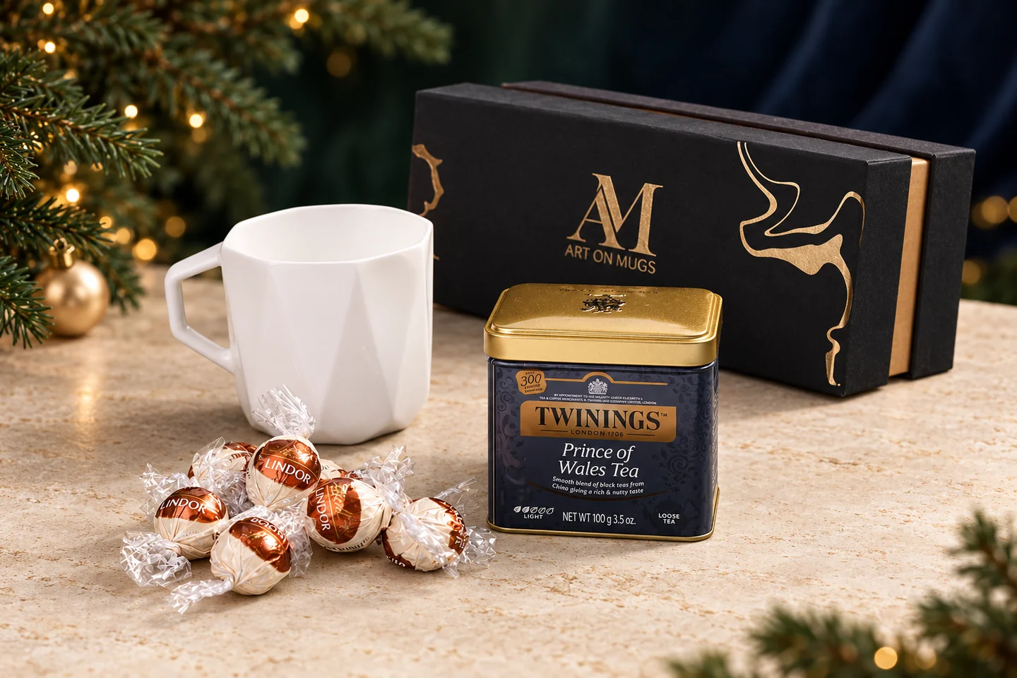 Art on Crown Tea: biały porcelanowy kubek, herbata Twinings i praliny obok czarnego pudełka ze złotymi detalami