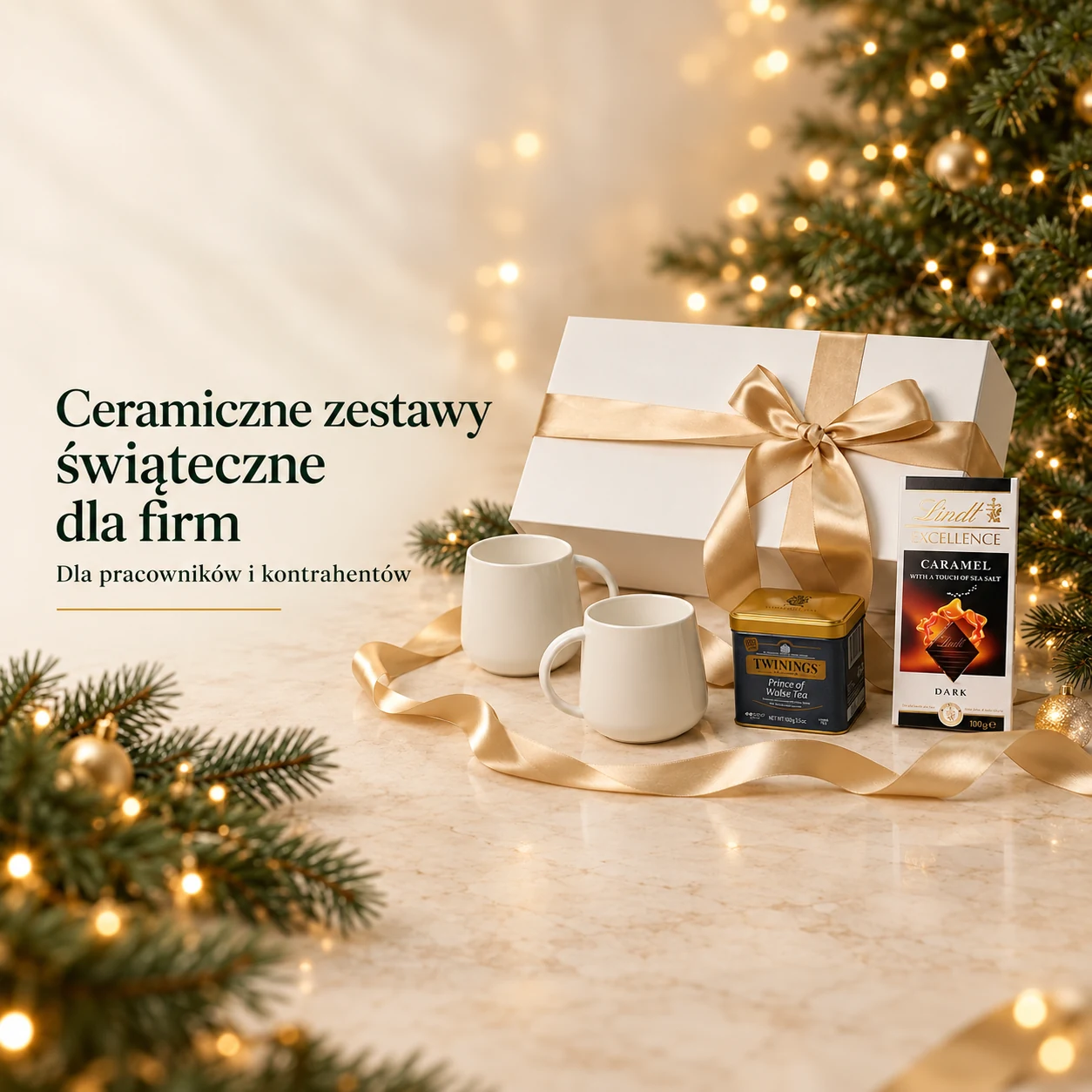 Ceramiczne zestawy świąteczne dla firm – dwa kubki, herbata i czekolada w świątecznej aranżacji