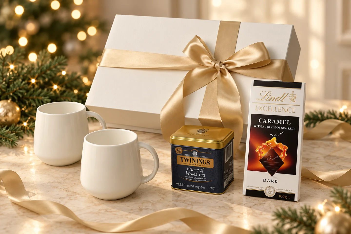 Winter Melody: dwa białe kubki, herbata Twinings i czekolada Lindt przy pudełku ze złotą wstążką